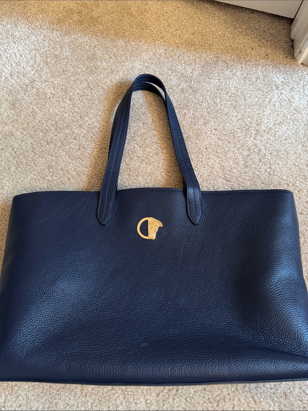 Versace Collection Navy Leather Tote with Gold Medusa Detail